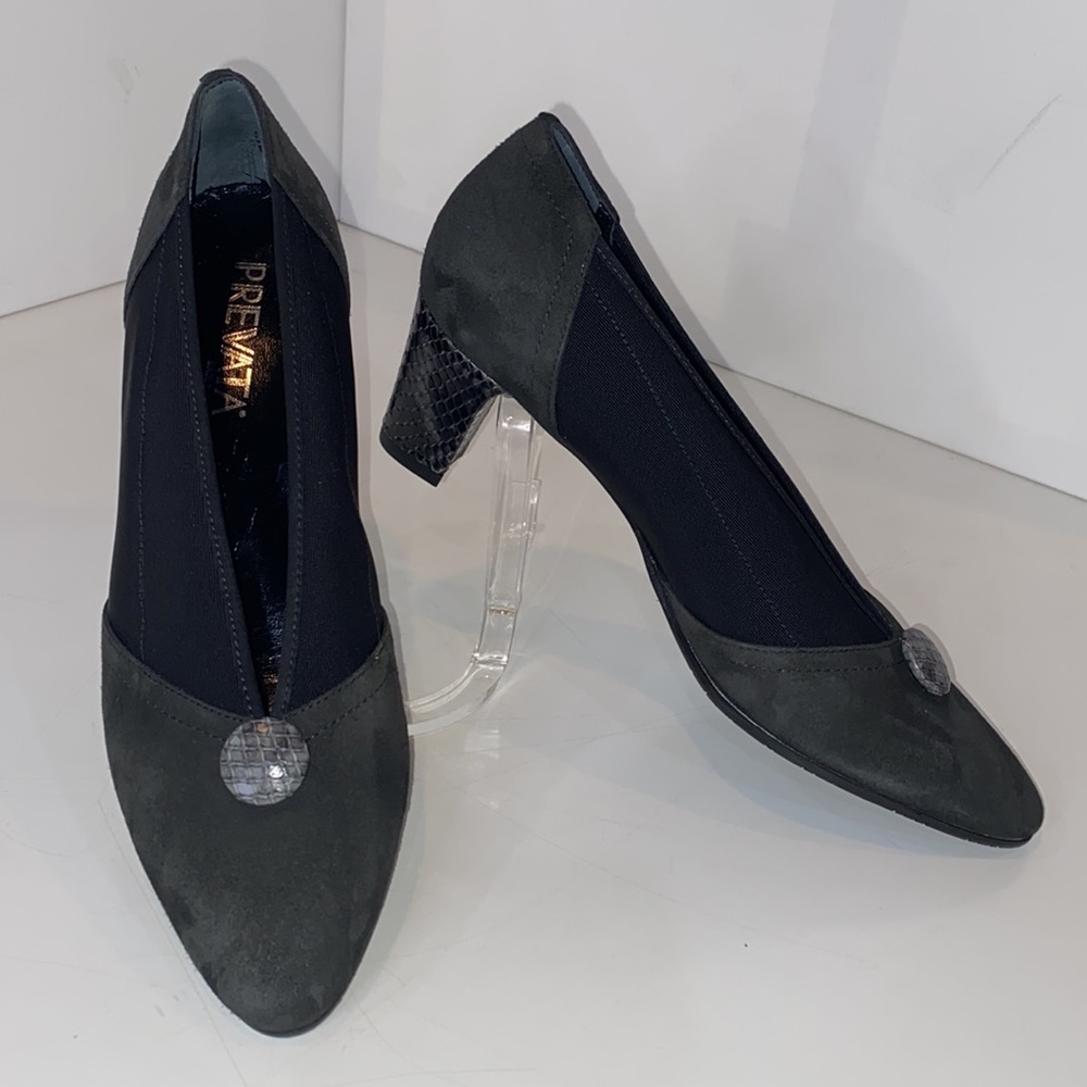 Prevata Italy Smoke Suede Ophila Pumps Snakeskin Heels & Buttons Vtg NIB 9AA